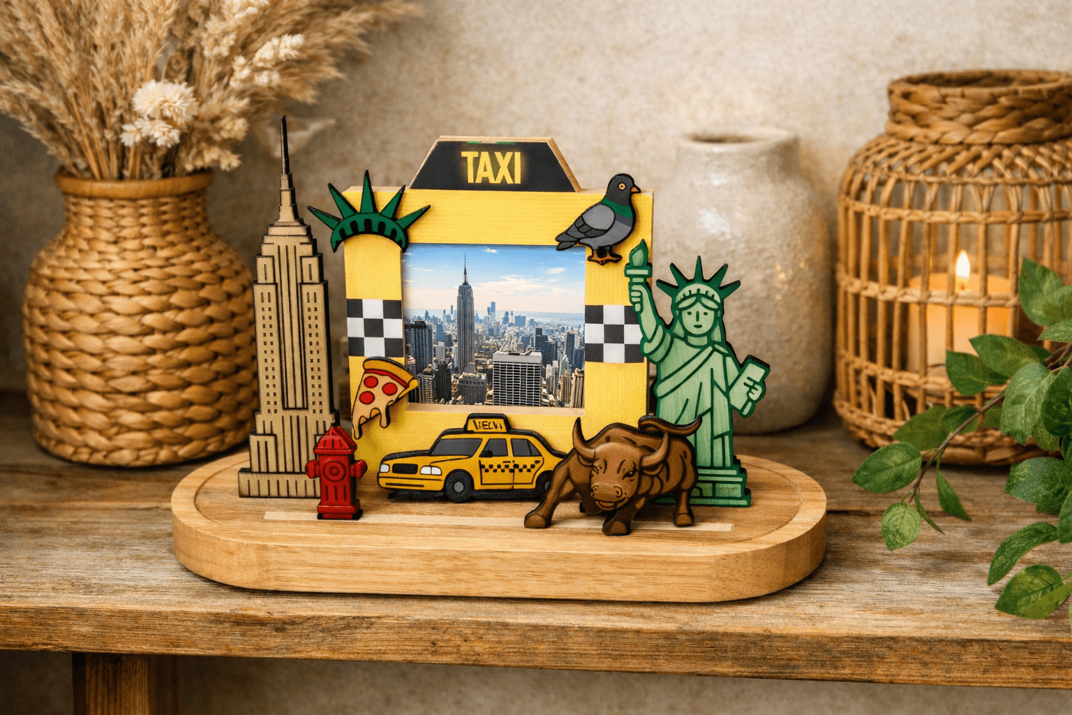 A completed MiniMine New York board with frame, icons and stickers